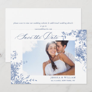 Save The Date Bleu Victorien Français Roses Jardin QR code Maria