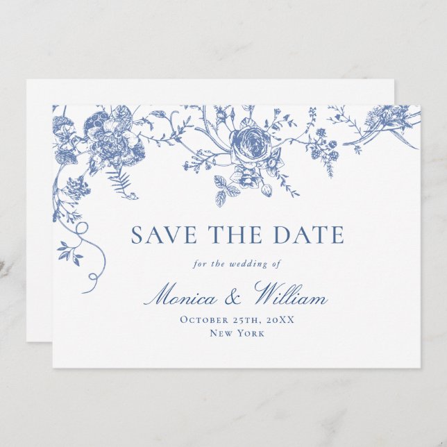 Save The Date Bleu Victorien Français Roses Jardin QR code Maria (Devant / Derrière)