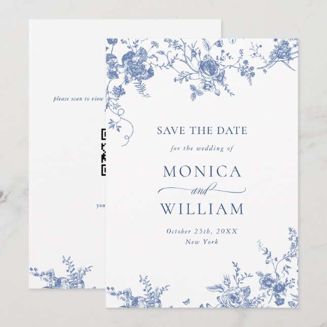 Save The Date Bleu Victorien Jardin Français Floral Mariage phot (Devant / Derrière)