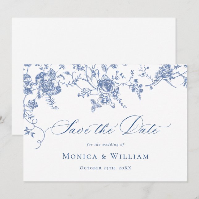 Save The Date Bleu Victorien Rose Jardin Floral Mariage (Devant / Derrière)