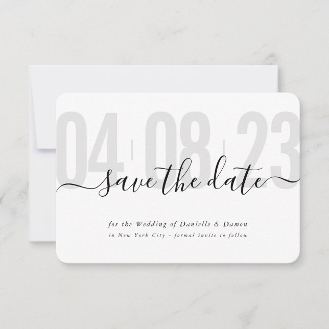 SAVE THE DATE block modern calligraphy grey black RSVP Card (Front)