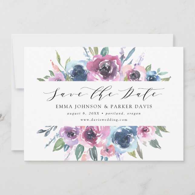 Save The Date Blooms de minuit | Floral pourpre et bleu (Devant)