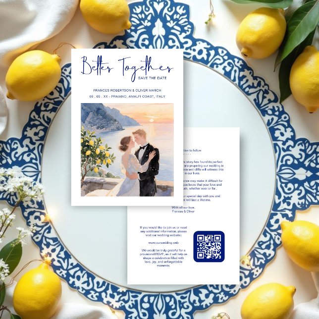 Save The Date Blue Amalfi Coast Lemon Tree Chic Wedding Couple (Blue Amalfi Coast Lemon Tree Chic Wedding Couple Save the Date Cards with Back QR Code. )