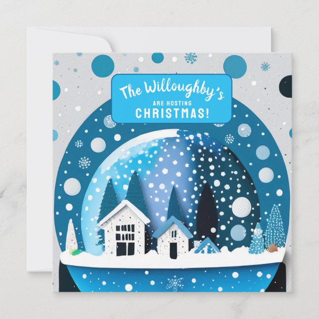Save The Date Blue and White Winter Wonderland Maisons Snow Glob (Devant)