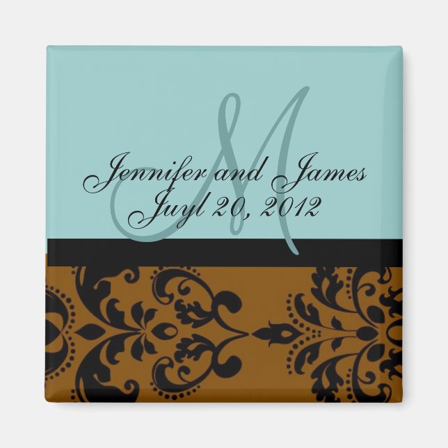 Save the Date Blue Brown Damask Wedding Magnet (Front)