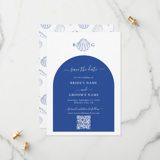 Save The Date Blue Clam Seashells Coastal Seaside Beach Wedding (Devant/Arrière en situation)