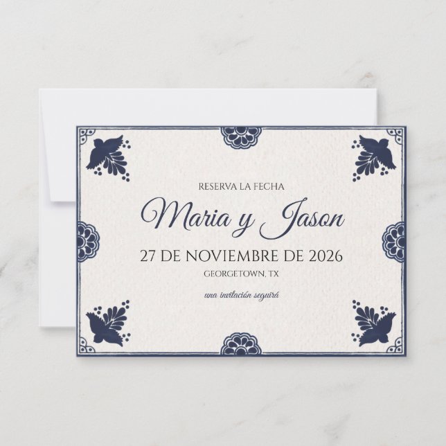 Save The Date Blue Floral Otomi Simple Fiesta Spanish Wedding (Devant)
