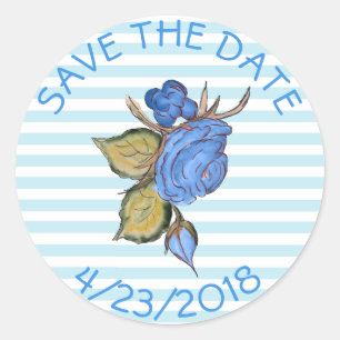 Save the Date Blue Flower Striped Stickers