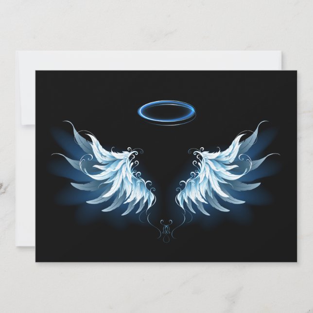 Save The Date Blue Glowing Angel Wings on black background (Devant)