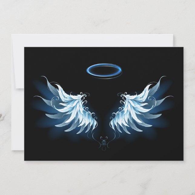 Save The Date Blue Glowing Angel Wings on black background (Devant)