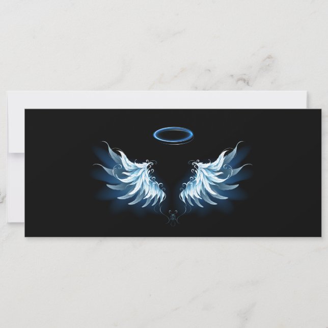Save The Date Blue Glowing Angel Wings on black background (Devant)