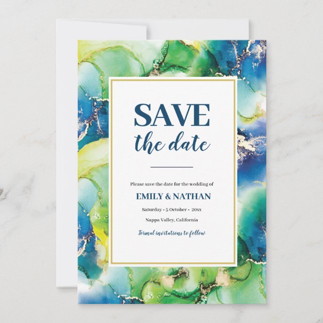 Save the date blue, green and gold inky Invitation (Front)