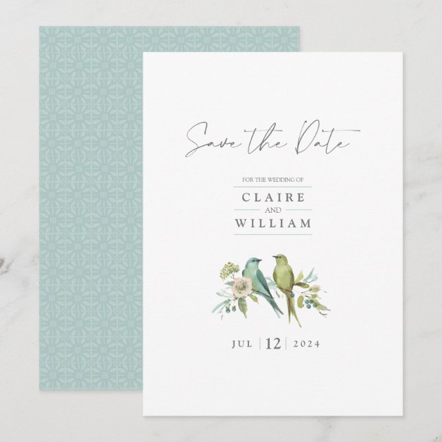 Save The Date Blue Green Birds Floral Aquarelle Mariage (Devant / Derrière)