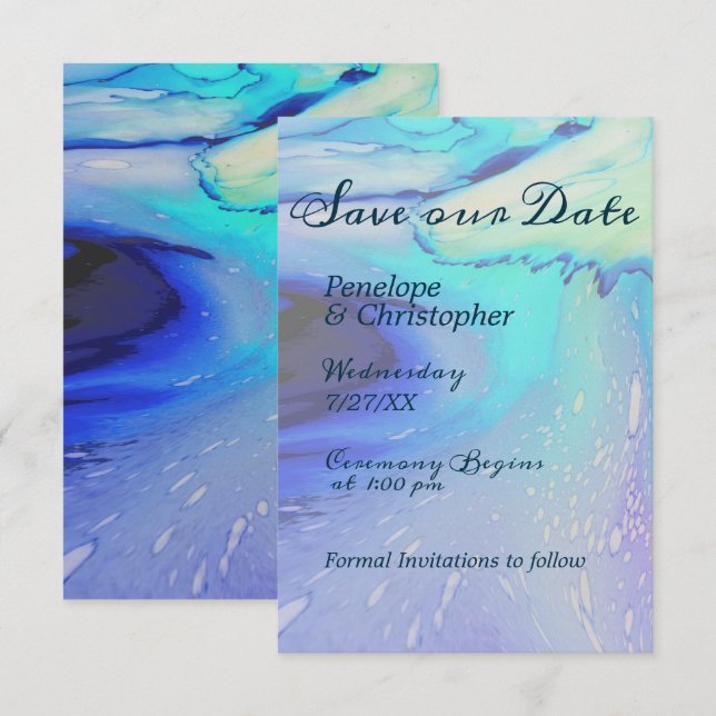 Save The Date Blue moderne Abstrait Beach Wedding Enregistrer la (Devant / Derrière)