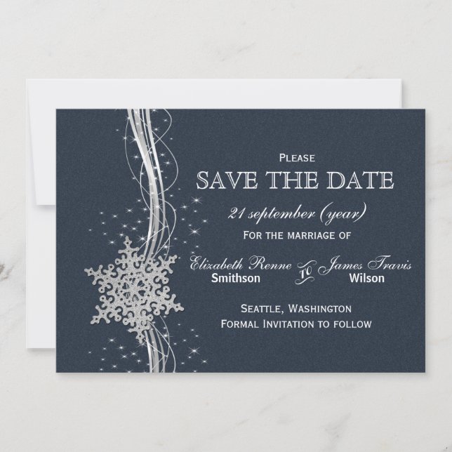 Save The Date Blue Silver Snowflakes hiver enregistrer la date (Devant)