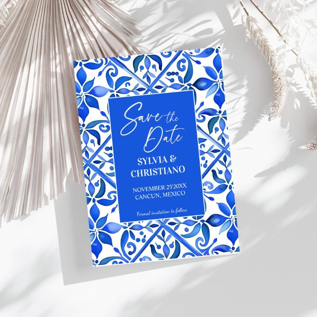 Save The Date Blue Talavera tuiles vintage mariage mexicain (Blue Talavera tiles vintage Mexican wedding Save The Date invitation cards Spanish Mediterranean)