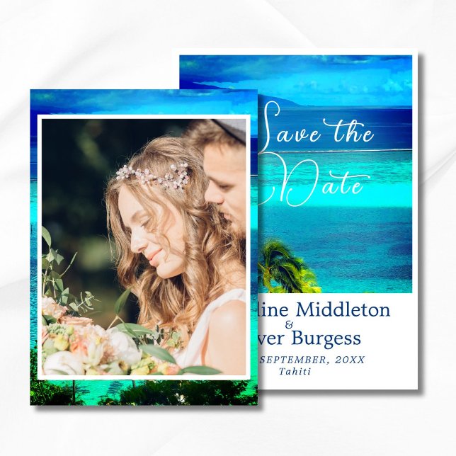 Save The Date Blue Tropical Photo Océan Destination Mariage (Créateur téléchargé)