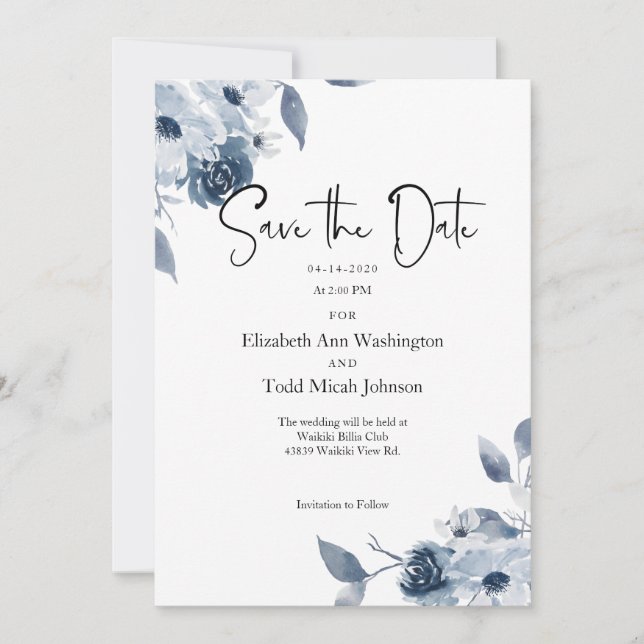 Save the Date Blue Watercolor Florals Invitation (Front)