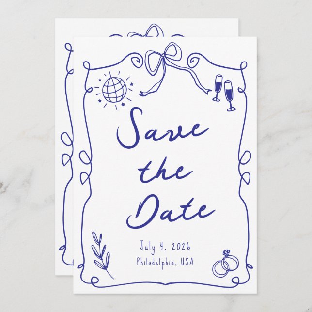 Save The Date Blue Whimsical Fun Quirky Main dessiné Mariage (Devant / Derrière)
