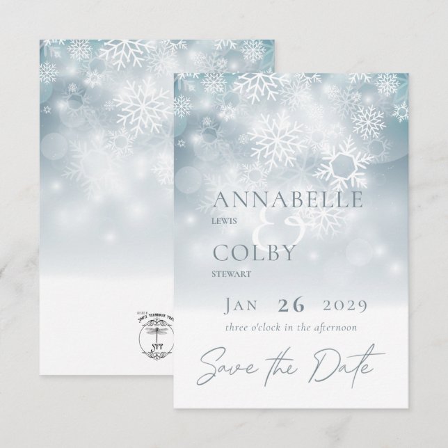 Save The Date Blue Winter Neige Mariage moderne (Devant / Derrière)