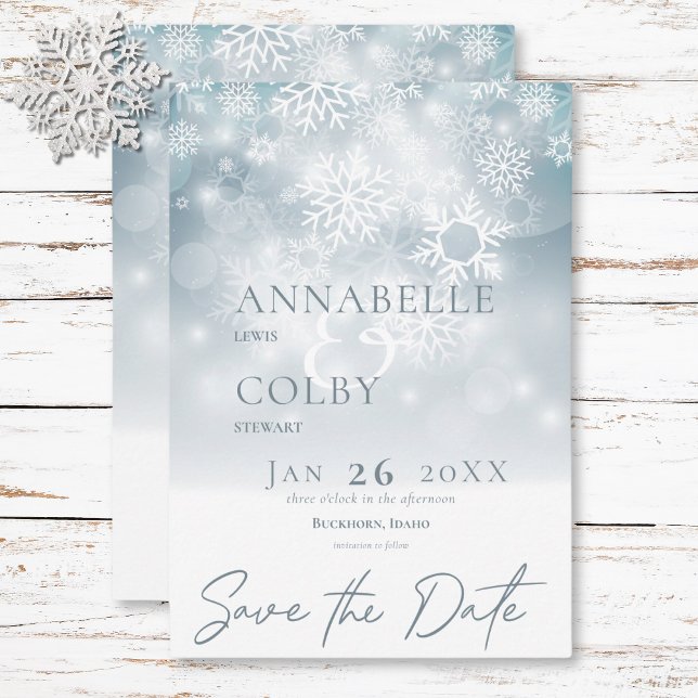 Save The Date Blue Winter Neige Mariage moderne (Blue Winter Snow Modern Wedding Save The Date)