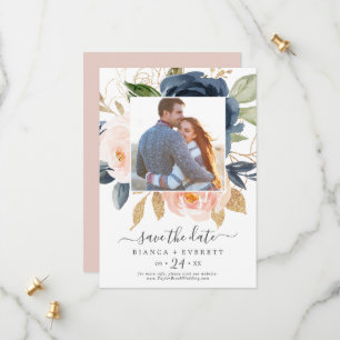 Save The Date Blush and Navy Flowers White Photo Enregistrer la 