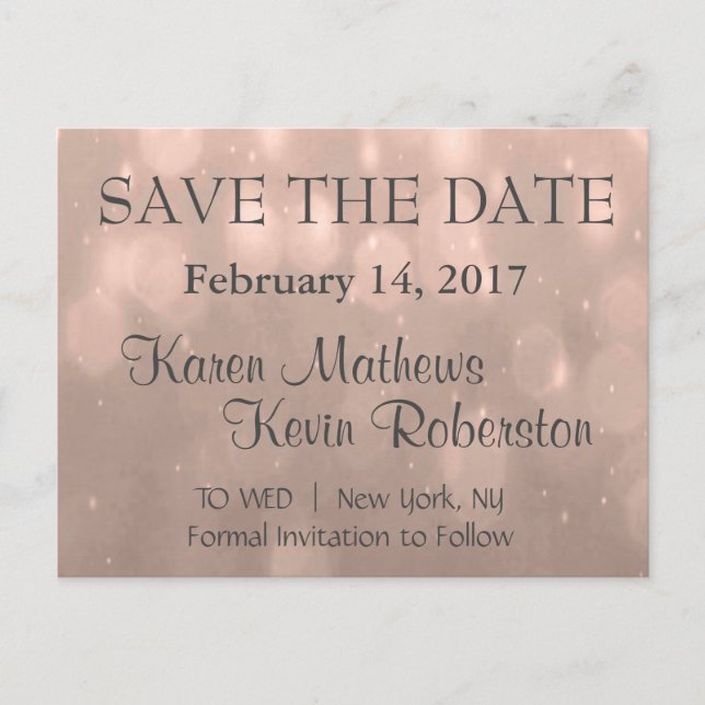 Save the Date | Blush Bokeh Announcement Postcard (Front)