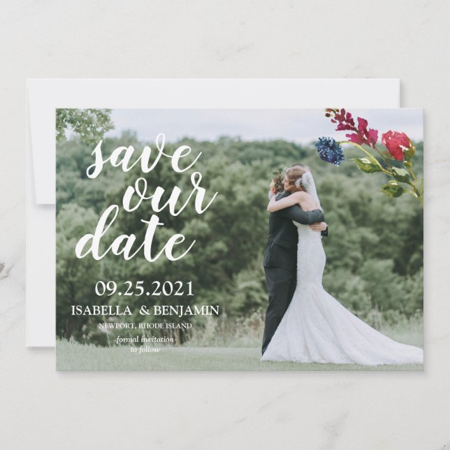 Save The Date Blush Burgundy Navy Blue Floral Photo élégante (Devant)