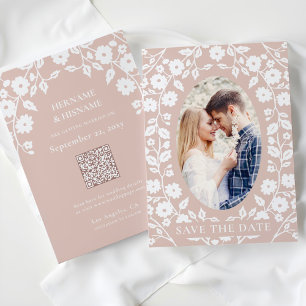 Save The Date Blush Dusty rose Photo QR Code Site Web Folal Flor