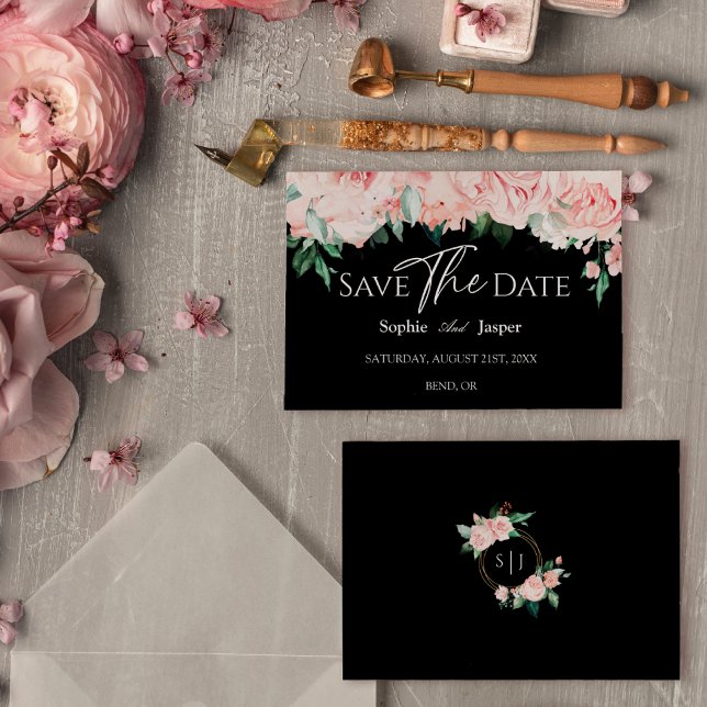 Save The Date Blush Floral noir Mariage plat Enregistrer la date (Créateur téléchargé)