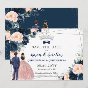 Save The Date Blush Navy Blue Floral Twins Garçon fille Quinceañ