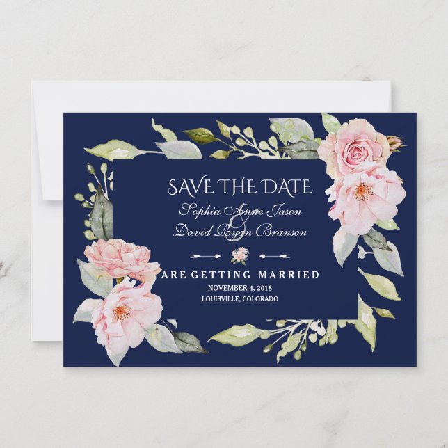 Save The Date Blush Rose Floral Fleuron Marine Bleu Enregistrer  (Devant)