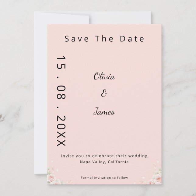 Save The Date Blush Silk Pink Whispered Peta Modern ScriptFloral (Devant)