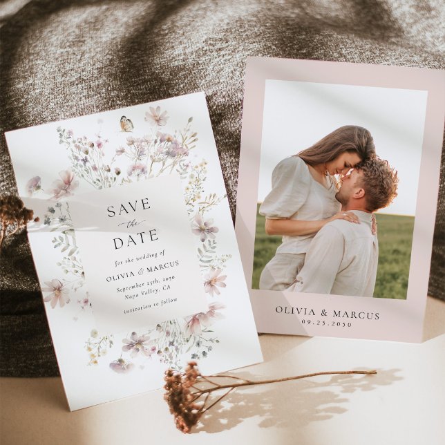 Save The Date Blush Wildflower Elegant Frame Wedding (Elegant blush wildflower framed wedding save the date  with soft floral border and serif typography)