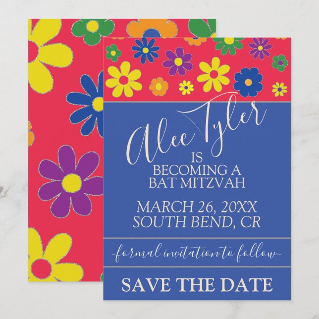 Save The Date BM Bar Flowery Bat mitzvah Enregistrer La Date (Devant / Derrière)