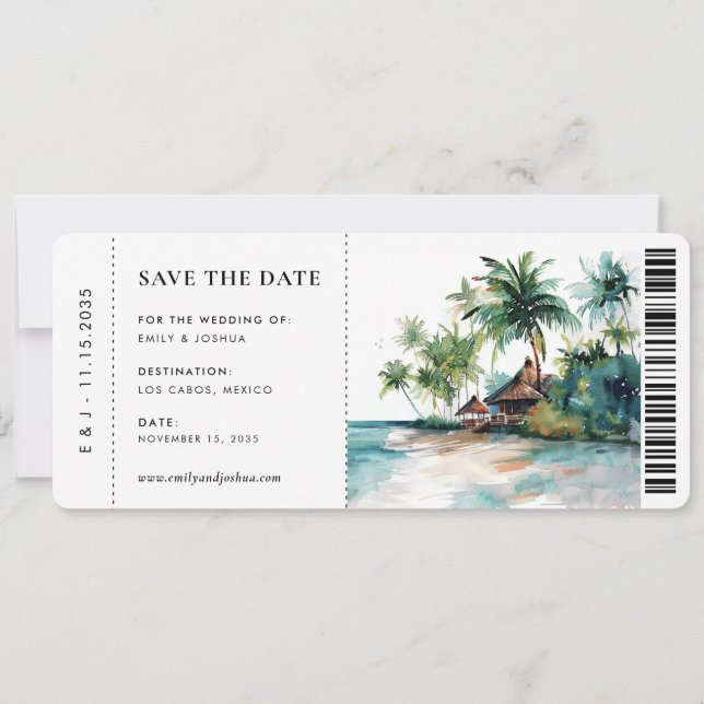 Save The Date Boarding Pass Beach Tropical Watercolor Mariage (Devant)