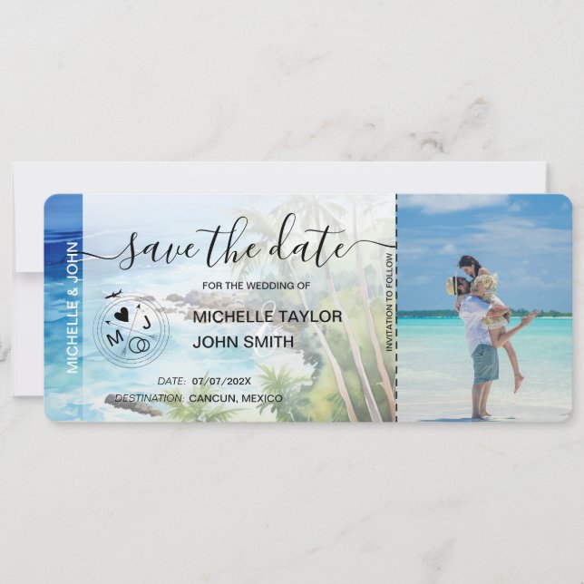 Save the Date Boarding Pass Map Beach Palm MPhoto Invitation (Front)