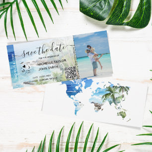 Save the Date Boarding Pass Map Beach Palm MPhoto Invitation