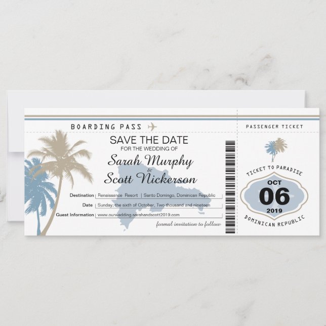 Save the Date Boarding Pass to Dominican Republic (Front)