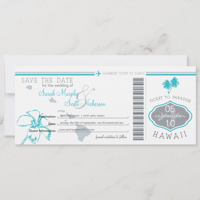 Save the Date Boarding Pass to Hawaii (Front)