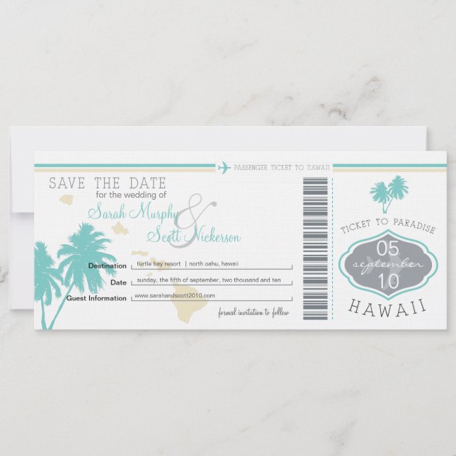 Save the Date Boarding Pass to Hawaii (Front)