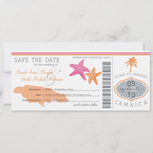 Save the Date Boarding Pass to Jamaica (Front)