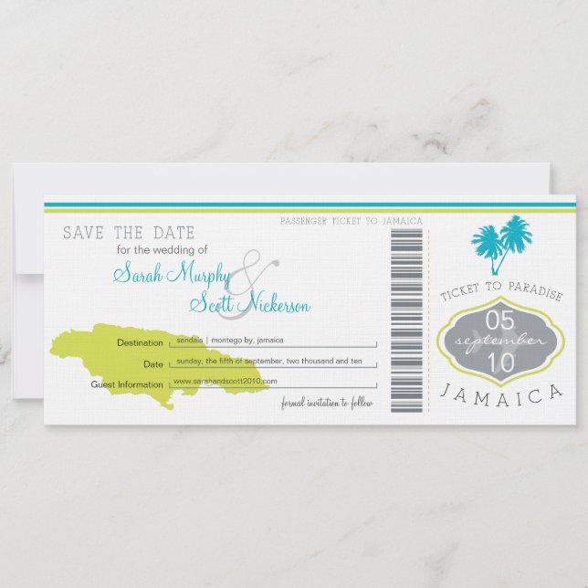Save the Date Boarding Pass to Jamaica (Front)