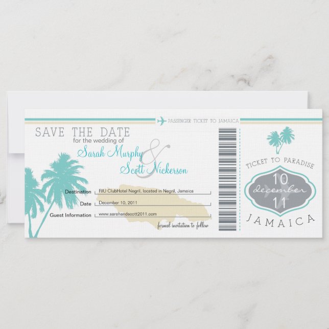 Save the Date Boarding Pass to Jamaica (Front)