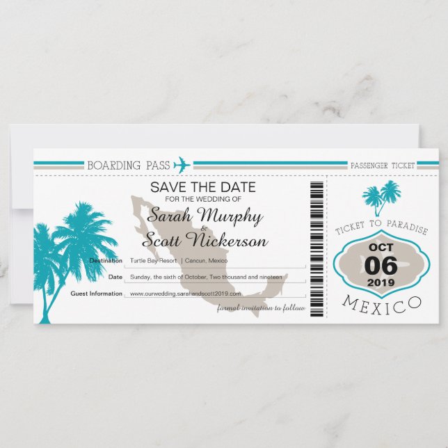 Save the Date Boarding Pass to Mexico (Front)