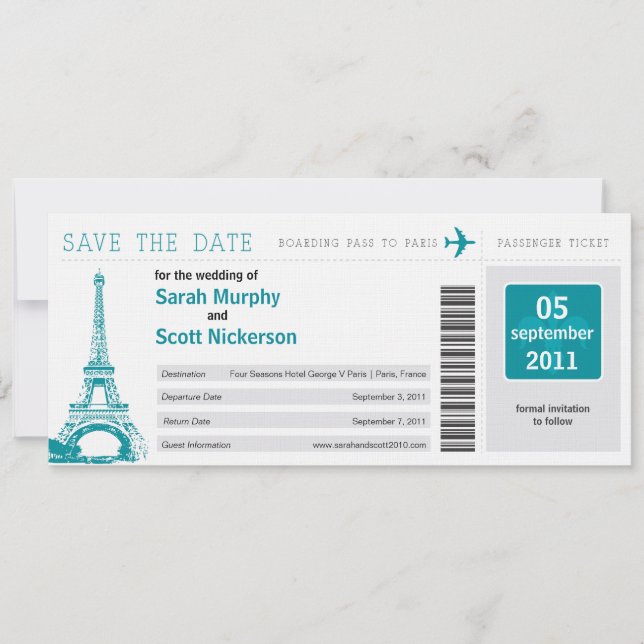 Save the Date Boarding Pass to Paris France (Front)