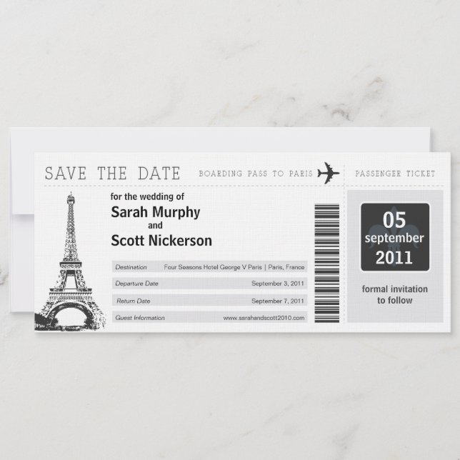 Save the Date Boarding Pass to Paris France (Front)