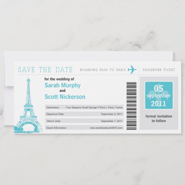 Save the Date Boarding Pass to Paris France (Front)