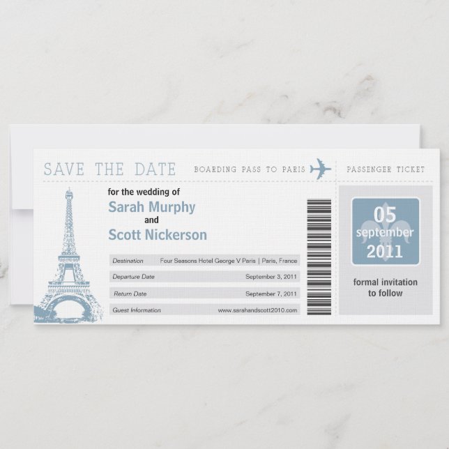 Save the Date Boarding Pass to Paris France Invitation (Front)