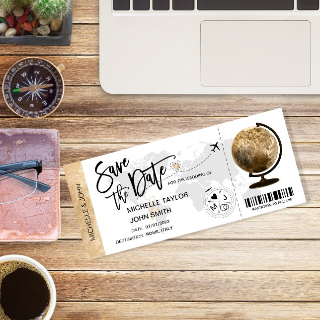 Save the Date Boarding Pass Vintage Map Invitation (Creator Uploaded)